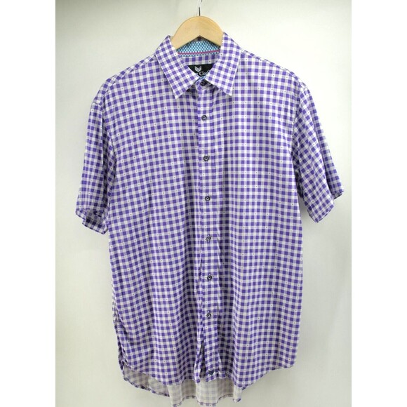 Butter Cloth Men Large Slim Fit Button Shirt Cotton Gingham‎ Purple Short Sleeve - Picture 1 of 8